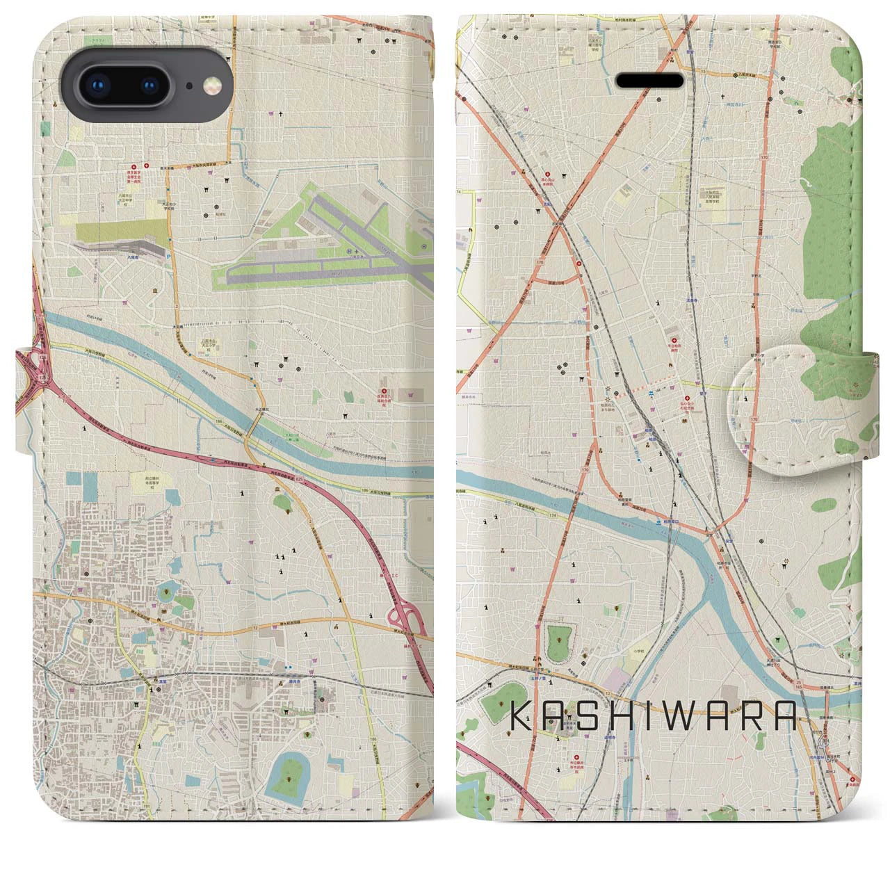 【柏原(大阪府)】地図柄iPhoneケース(手帳タイプ)ナチュラル・iPhone 8Plus /7Plus / 6sPlus / 6Plus 用