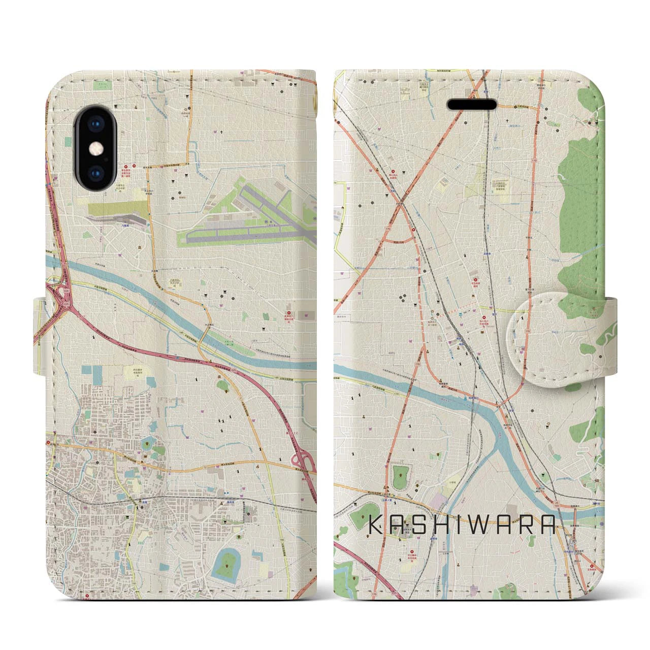 【柏原(大阪府)】地図柄iPhoneケース(手帳タイプ)ナチュラル・iPhone XS / X 用