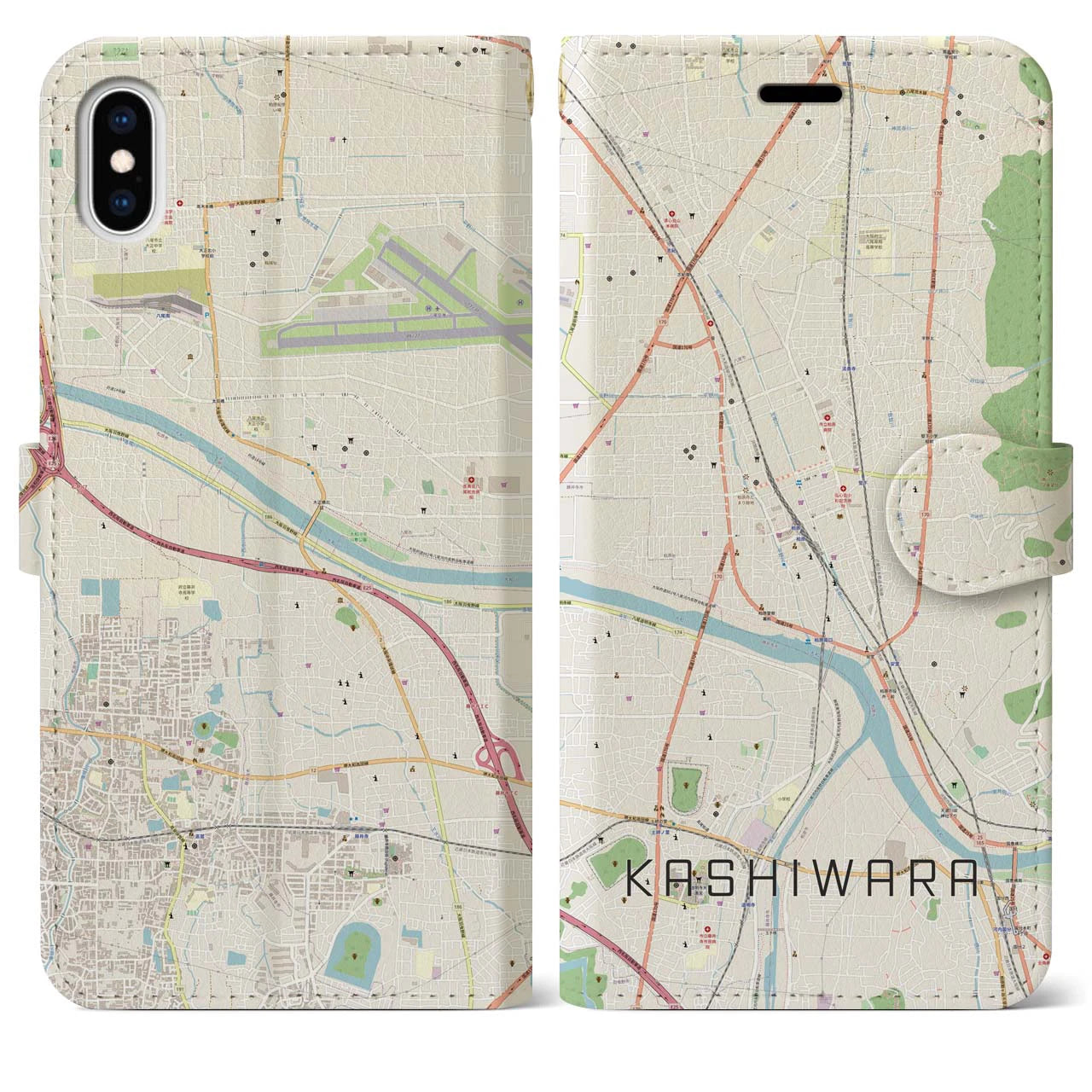 【柏原(大阪府)】地図柄iPhoneケース(手帳タイプ)ナチュラル・iPhone XS Max 用