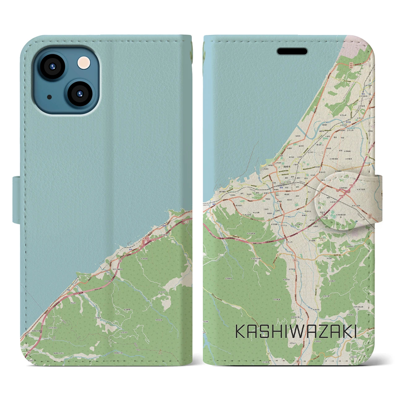 【柏崎(新潟県)】地図柄iPhoneケース(手帳タイプ)ナチュラル・iPhone 13 用