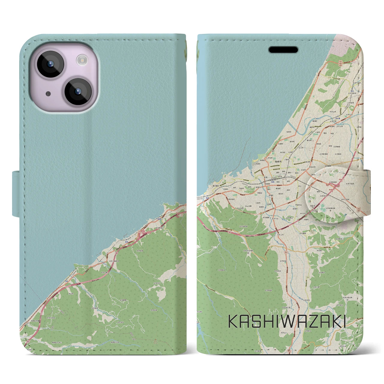 【柏崎(新潟県)】地図柄iPhoneケース(手帳タイプ)ナチュラル・iPhone 14 用