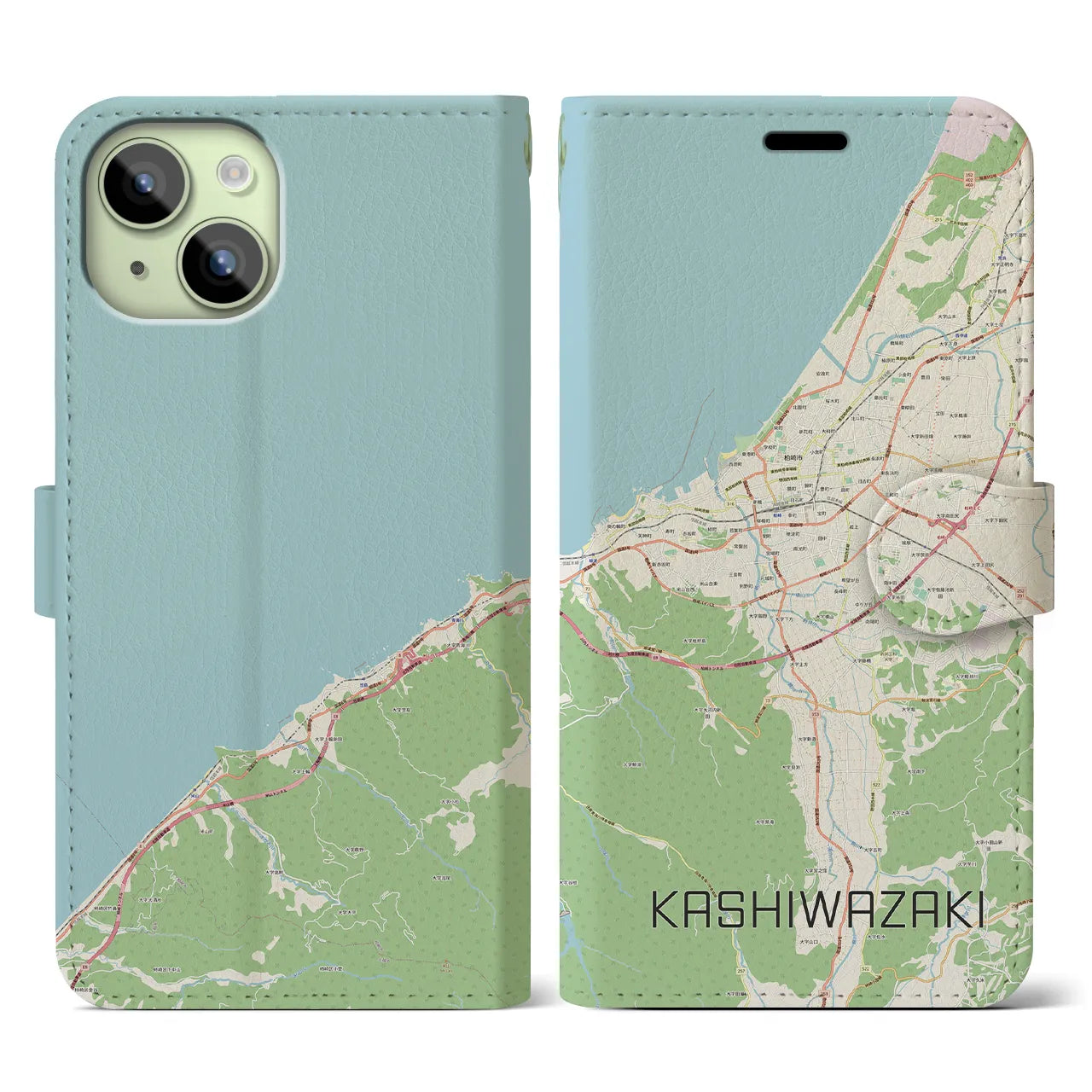 【柏崎(新潟県)】地図柄iPhoneケース(手帳タイプ)ナチュラル・iPhone 15 用