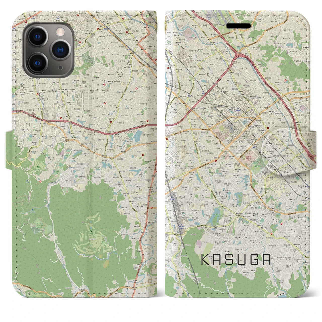 【春日(福岡県)】地図柄iPhoneケース(手帳タイプ)ナチュラル・iPhone 11 Pro Max 用