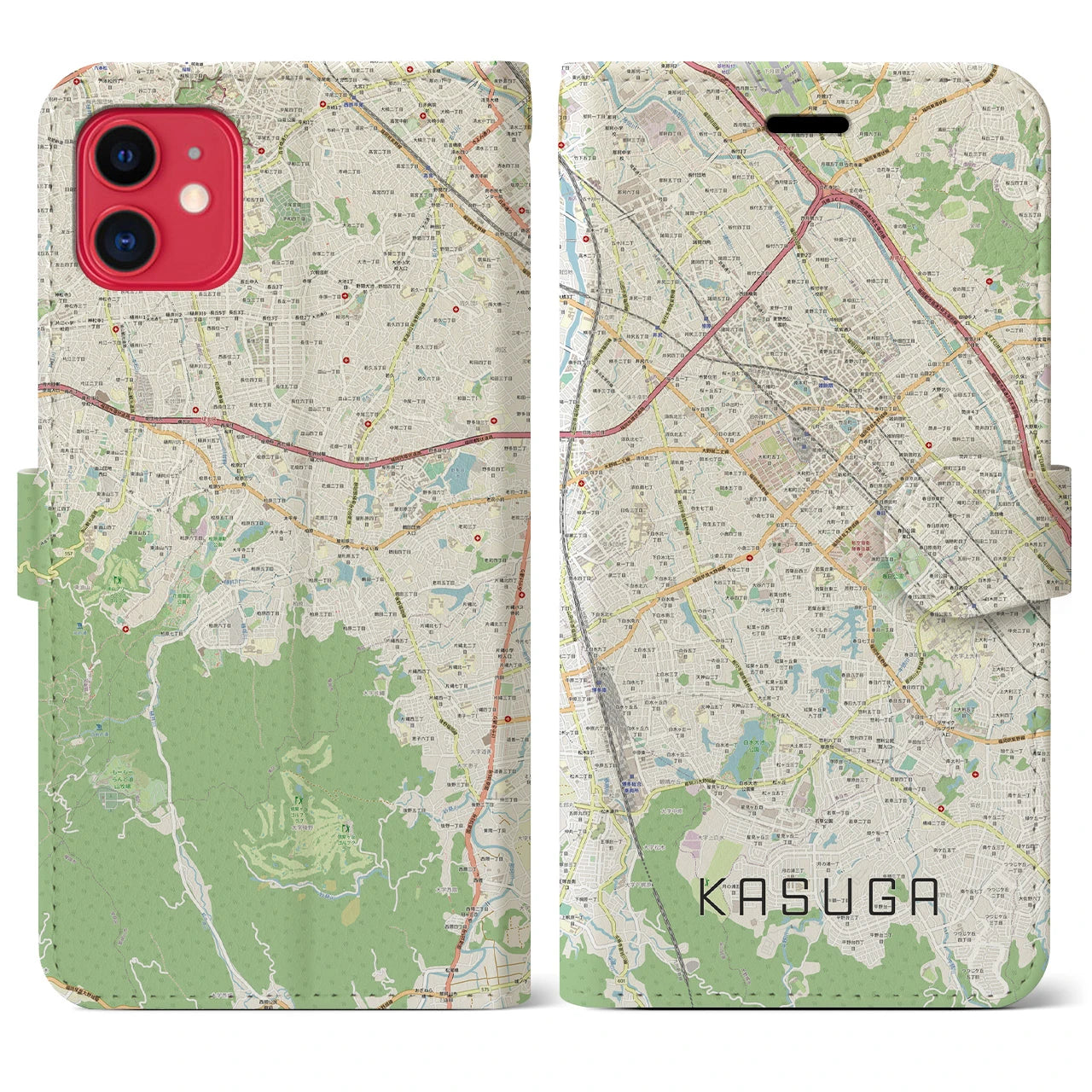 【春日(福岡県)】地図柄iPhoneケース(手帳タイプ)ナチュラル・iPhone 11 用