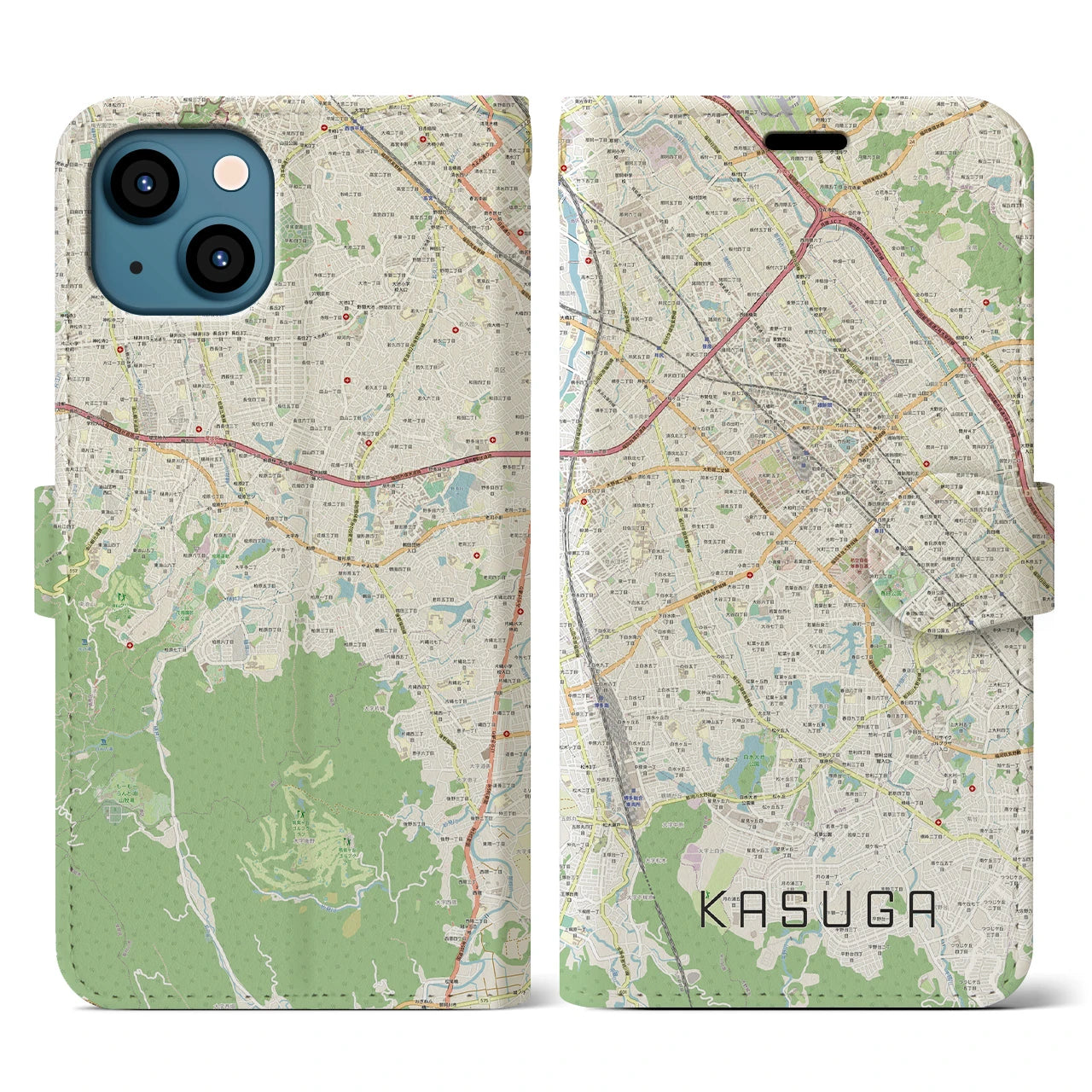 【春日(福岡県)】地図柄iPhoneケース(手帳タイプ)ナチュラル・iPhone 13 用