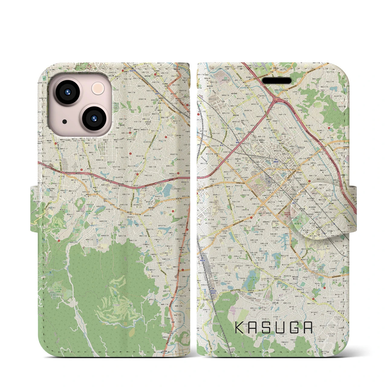 【春日(福岡県)】地図柄iPhoneケース(手帳タイプ)ナチュラル・iPhone 13 mini 用