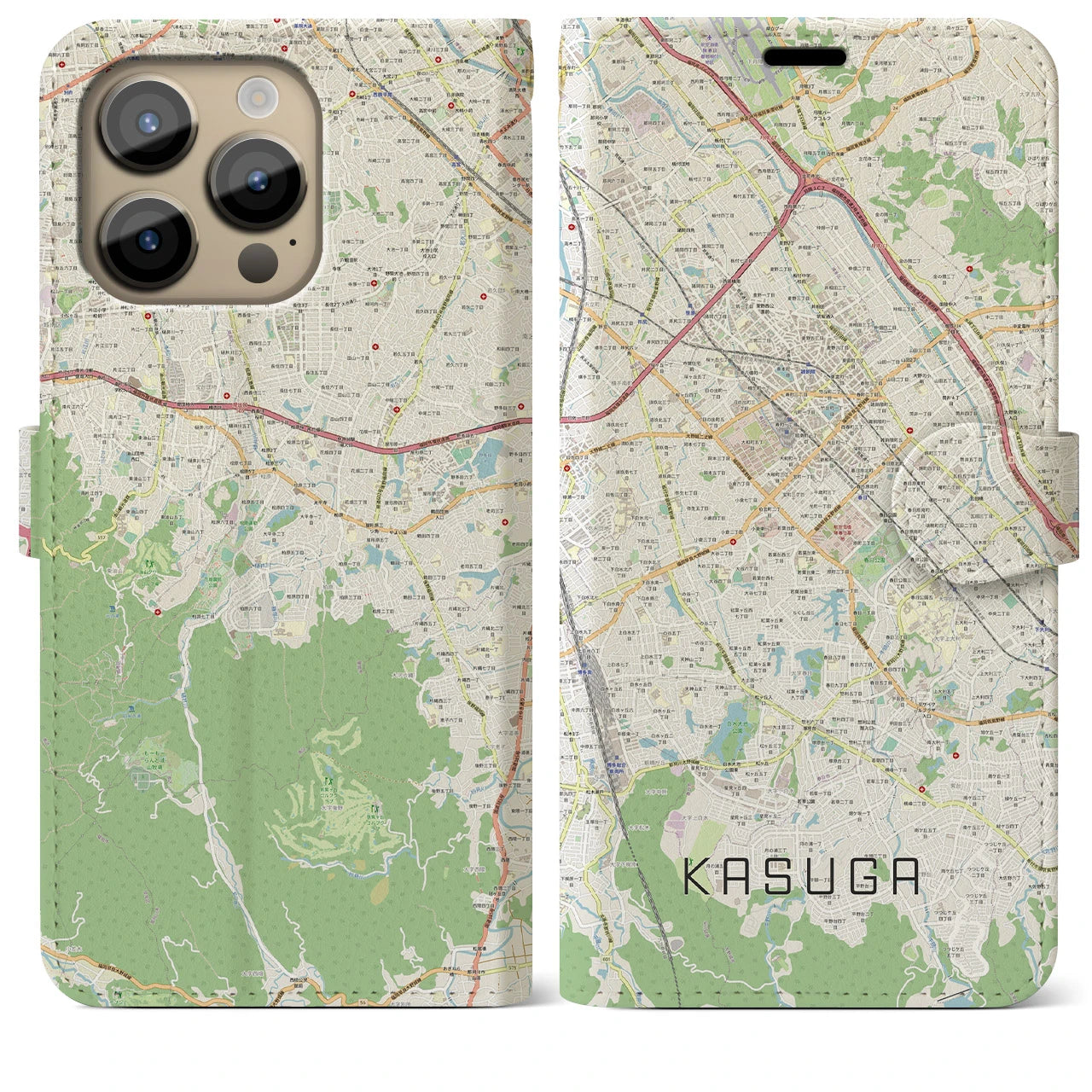 【春日(福岡県)】地図柄iPhoneケース(手帳タイプ)ナチュラル・iPhone 14 Pro Max 用