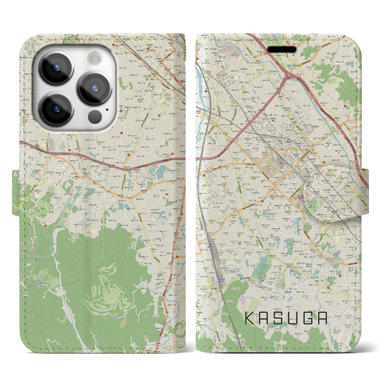 【春日(福岡県)】地図柄iPhoneケース(手帳タイプ)ナチュラル・iPhone 14 Pro 用