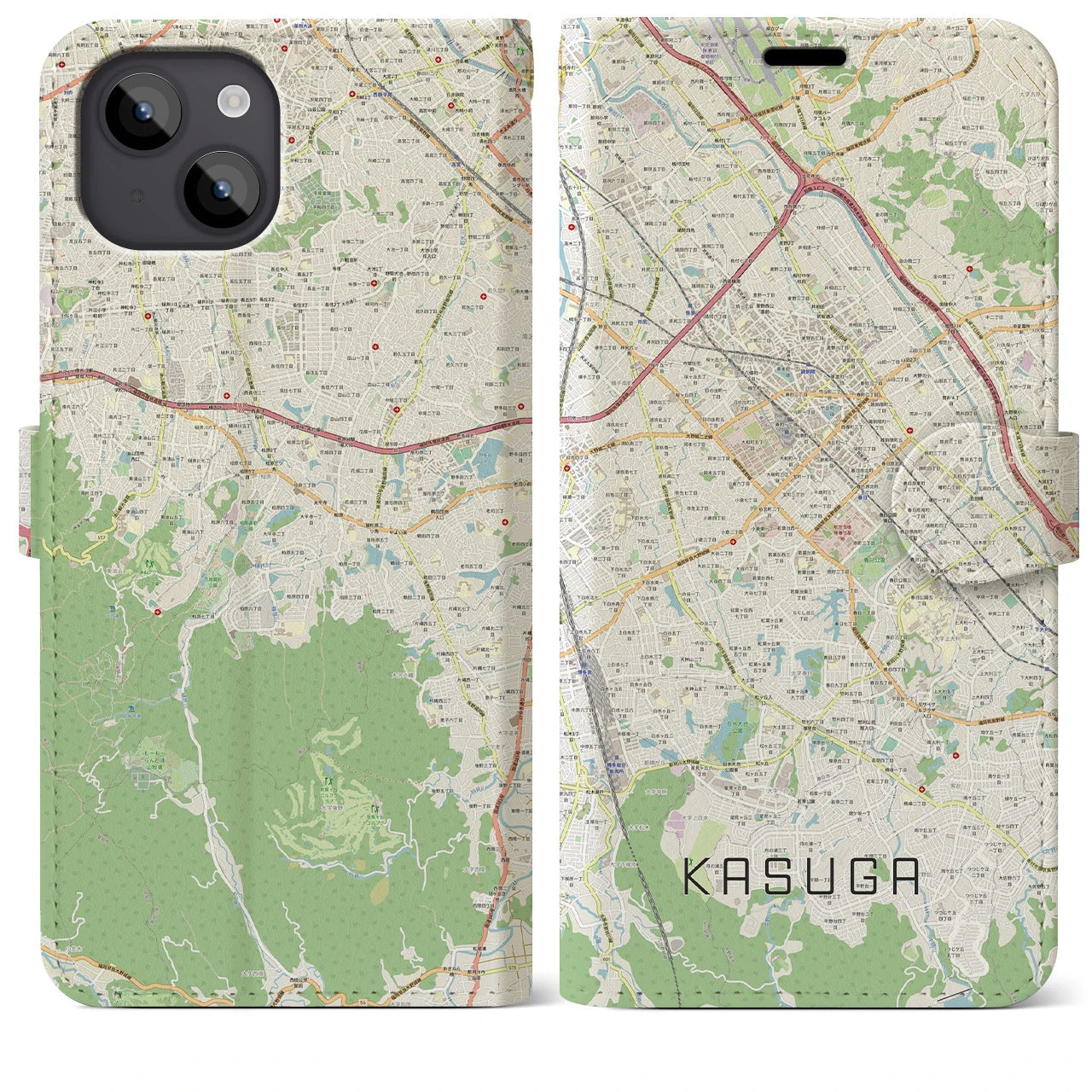 【春日(福岡県)】地図柄iPhoneケース(手帳タイプ)ナチュラル・iPhone 14 Plus 用