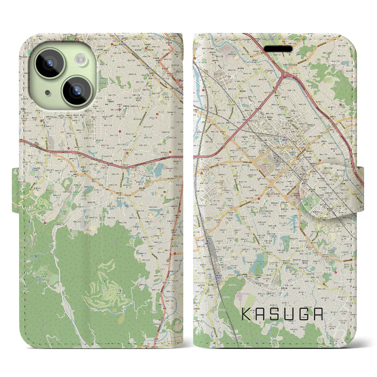【春日(福岡県)】地図柄iPhoneケース(手帳タイプ)ナチュラル・iPhone 15 用