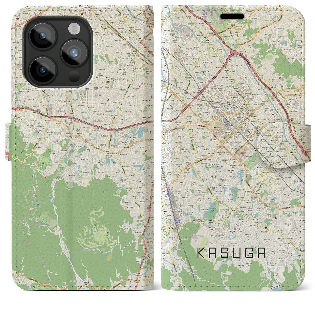 【春日(福岡県)】地図柄iPhoneケース(手帳タイプ)ナチュラル・iPhone 15 Pro Max 用