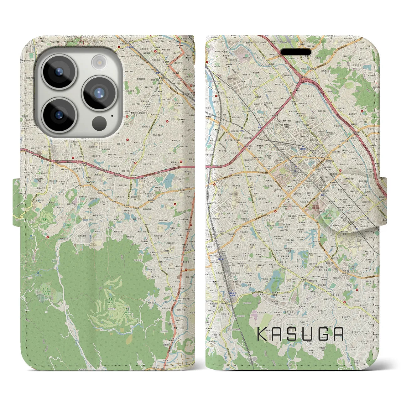 【春日(福岡県)】地図柄iPhoneケース(手帳タイプ)ナチュラル・iPhone 15 Pro 用