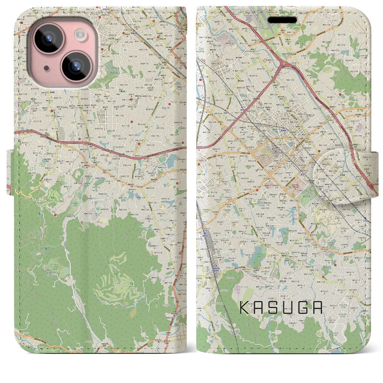 【春日(福岡県)】地図柄iPhoneケース(手帳タイプ)ナチュラル・iPhone 15 Plus 用