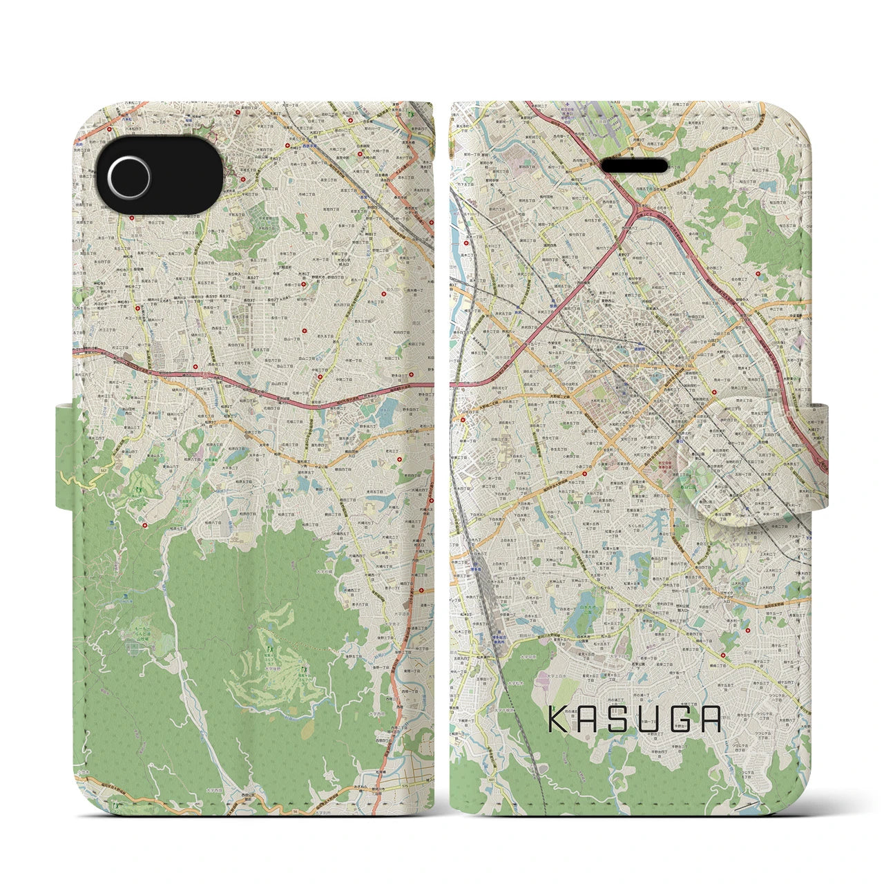 【春日(福岡県)】地図柄iPhoneケース(手帳タイプ)ナチュラル・iPhone SE(第3 / 第2世代) / 8 / 7 / 6s / 6 用