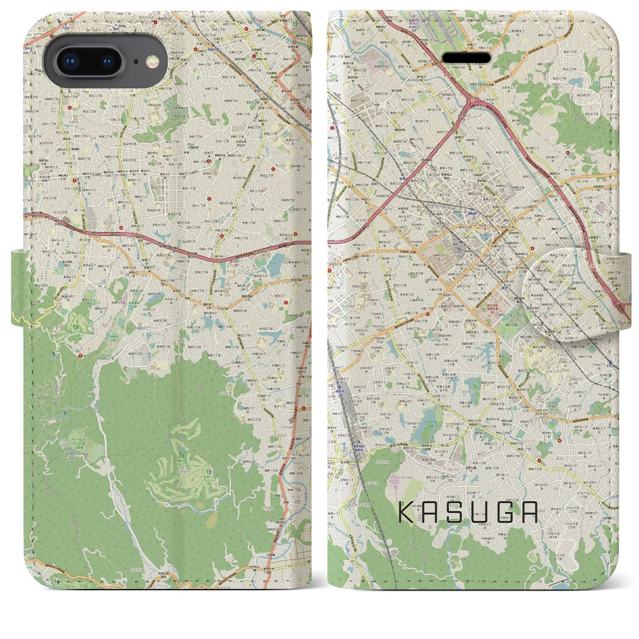 【春日(福岡県)】地図柄iPhoneケース(手帳タイプ)ナチュラル・iPhone 8Plus /7Plus / 6sPlus / 6Plus 用
