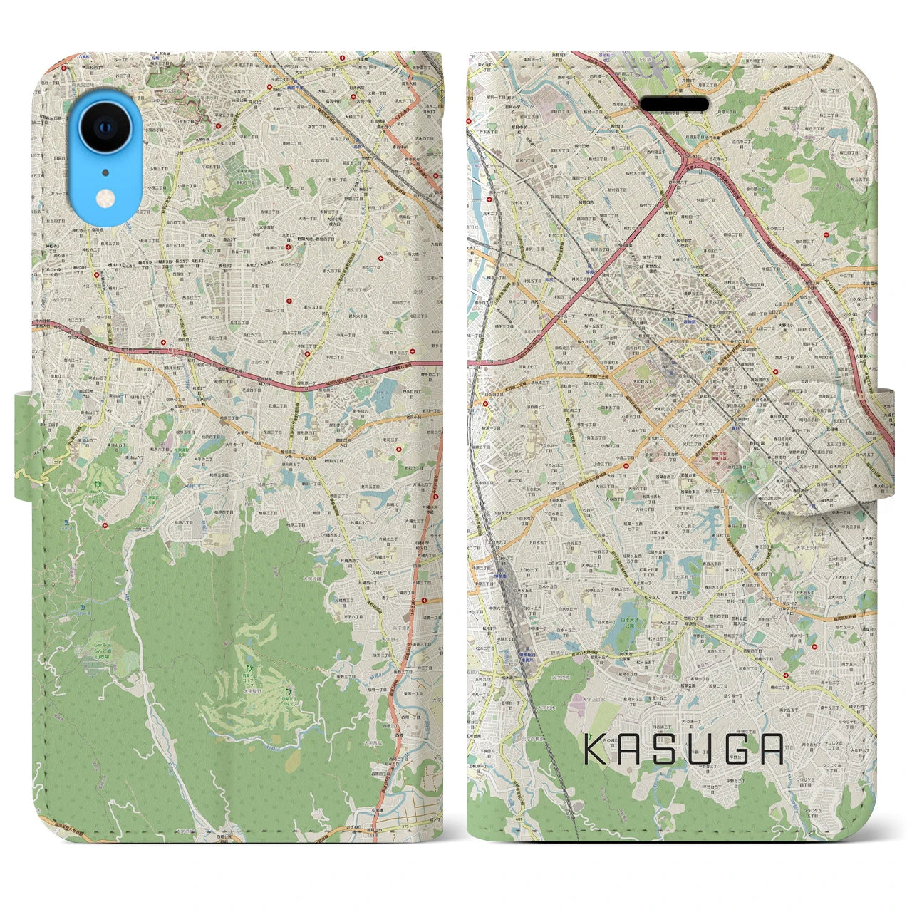 【春日(福岡県)】地図柄iPhoneケース(手帳タイプ)ナチュラル・iPhone XR 用