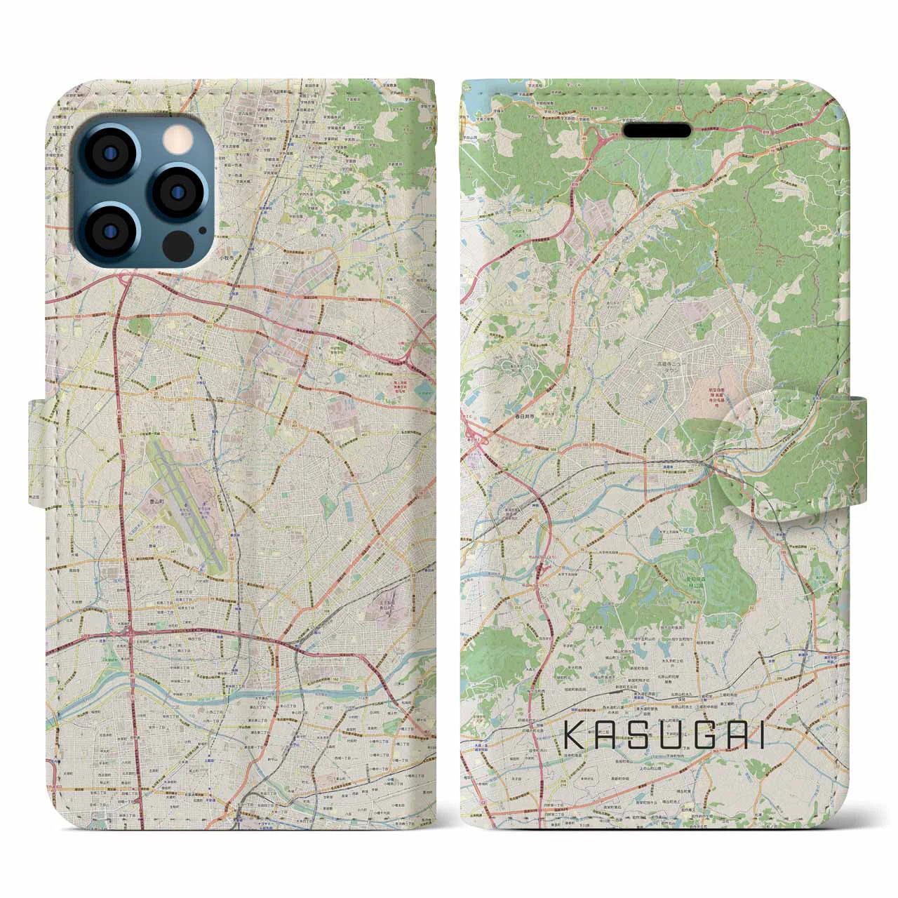 【春日井(愛知県)】地図柄iPhoneケース(手帳タイプ)ナチュラル・iPhone 12 / 12 Pro 用