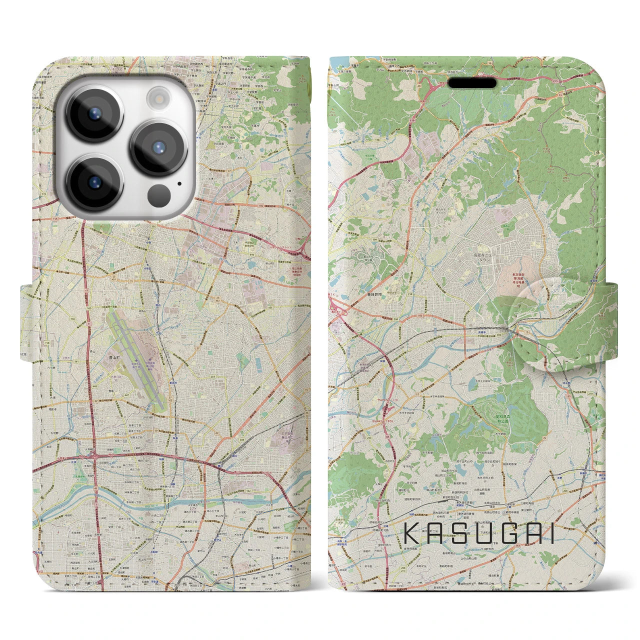 【春日井(愛知県)】地図柄iPhoneケース(手帳タイプ)ナチュラル・iPhone 14 Pro 用