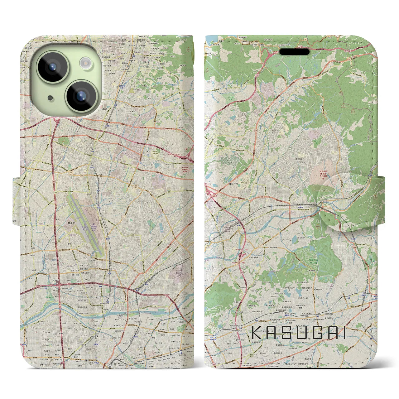 【春日井(愛知県)】地図柄iPhoneケース(手帳タイプ)ナチュラル・iPhone 15 用