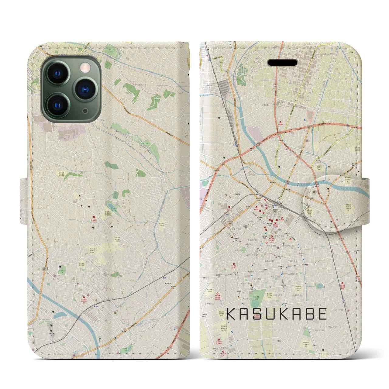 【春日部(埼玉県)】地図柄iPhoneケース(手帳タイプ)ナチュラル・iPhone 11 Pro 用