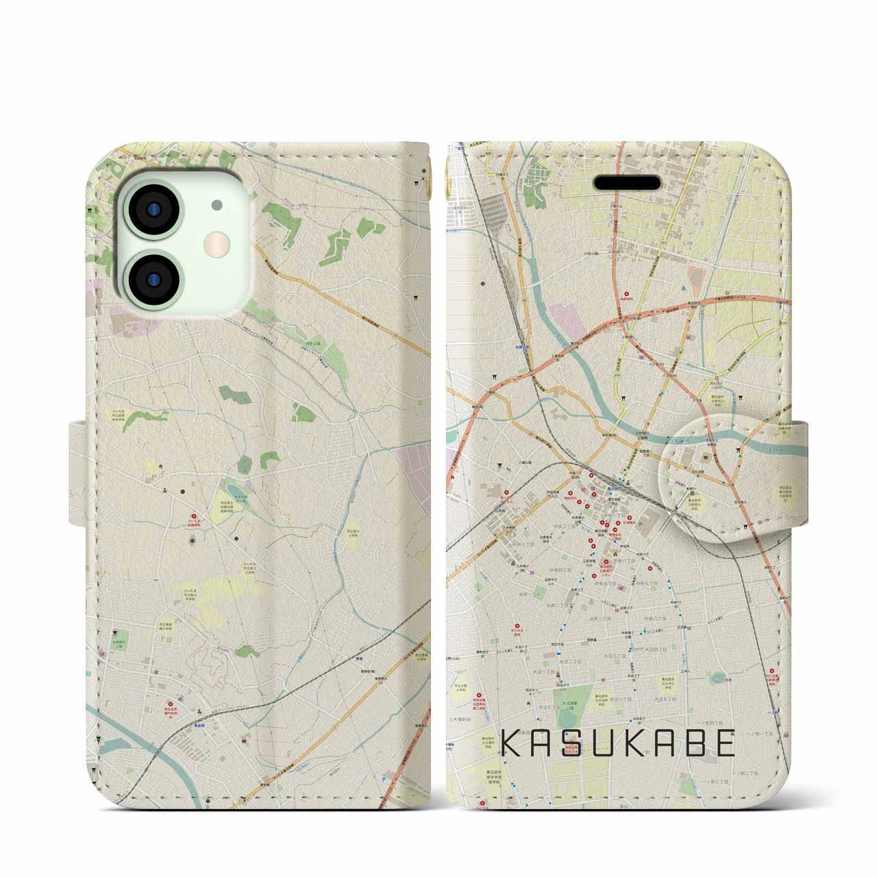【春日部(埼玉県)】地図柄iPhoneケース(手帳タイプ)ナチュラル・iPhone 12 mini 用
