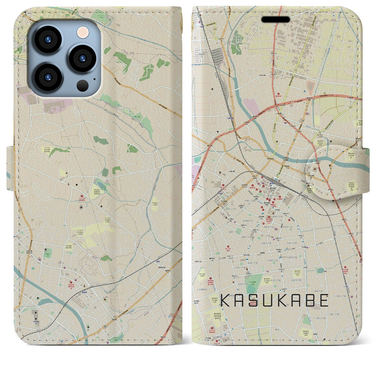 【春日部(埼玉県)】地図柄iPhoneケース(手帳タイプ)ナチュラル・iPhone 13 Pro Max 用