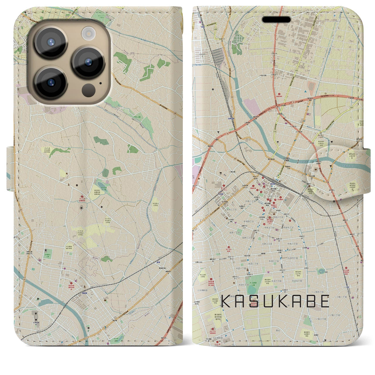 【春日部(埼玉県)】地図柄iPhoneケース(手帳タイプ)ナチュラル・iPhone 14 Pro Max 用