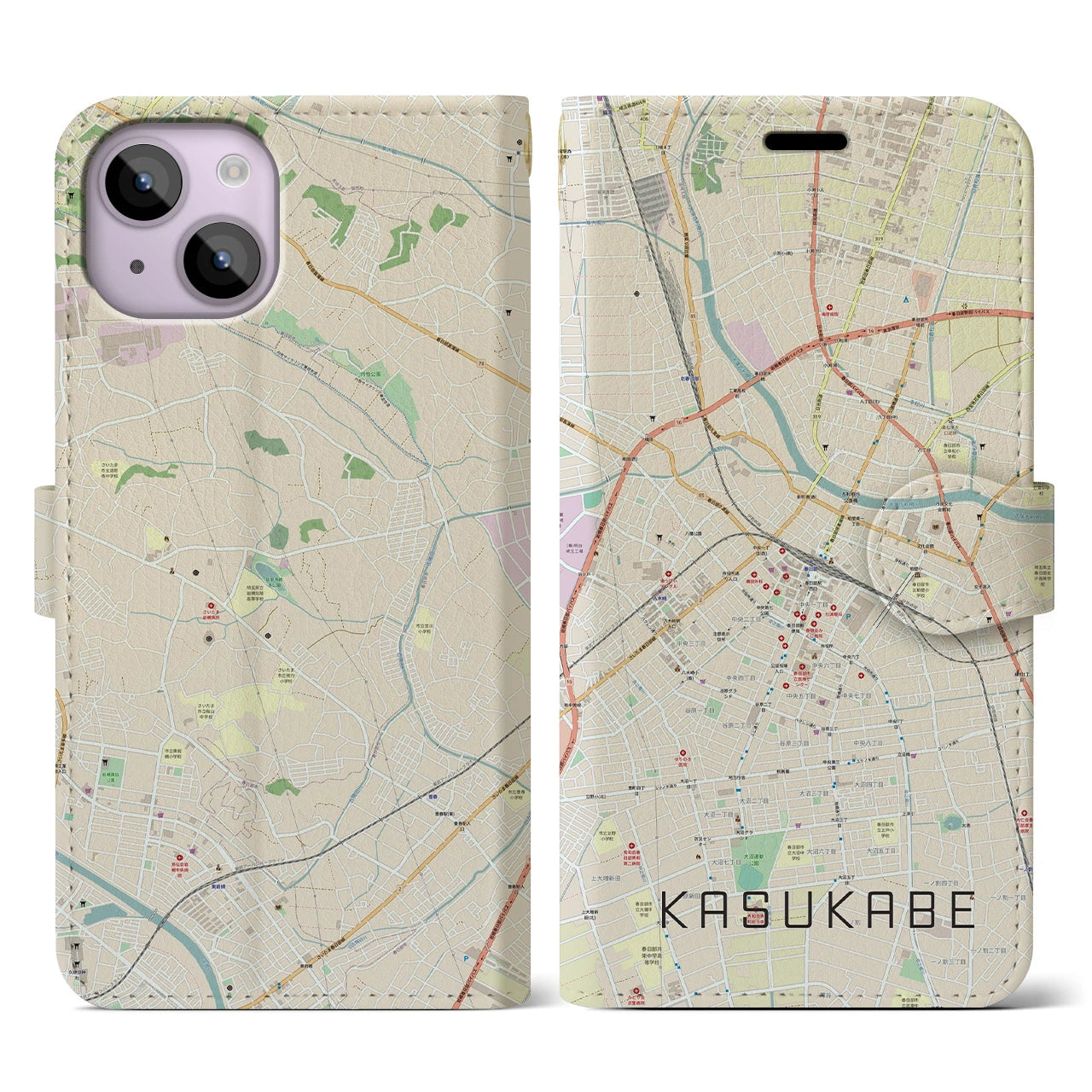 【春日部(埼玉県)】地図柄iPhoneケース(手帳タイプ)ナチュラル・iPhone 14 用