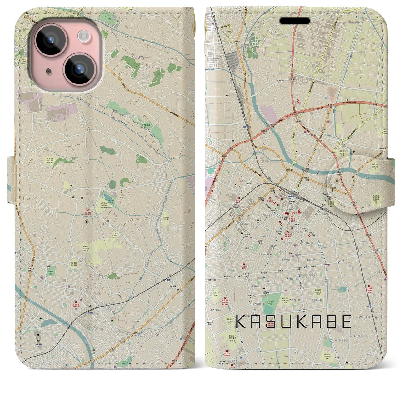 【春日部(埼玉県)】地図柄iPhoneケース(手帳タイプ)ナチュラル・iPhone 15 Plus 用