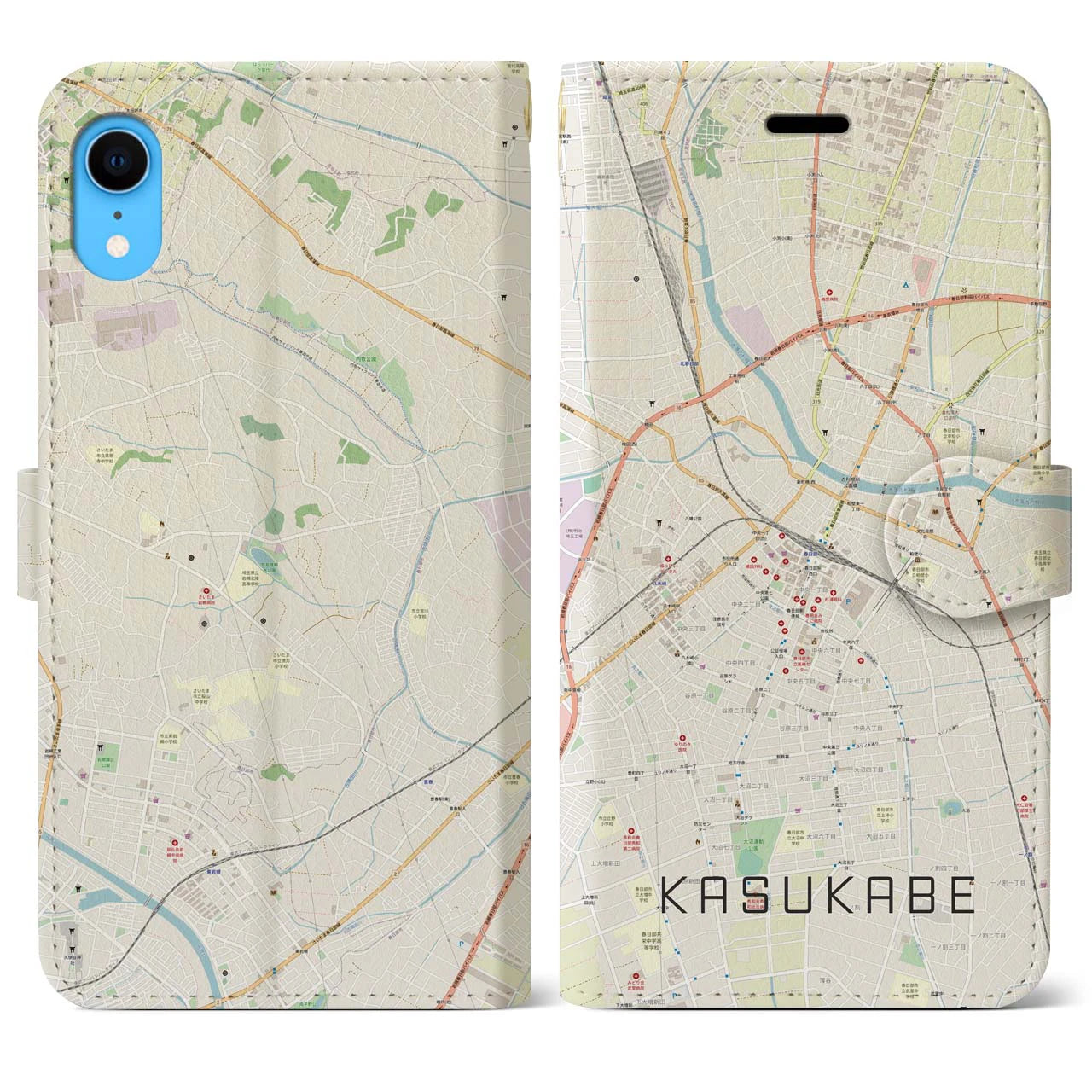【春日部(埼玉県)】地図柄iPhoneケース(手帳タイプ)ナチュラル・iPhone XR 用