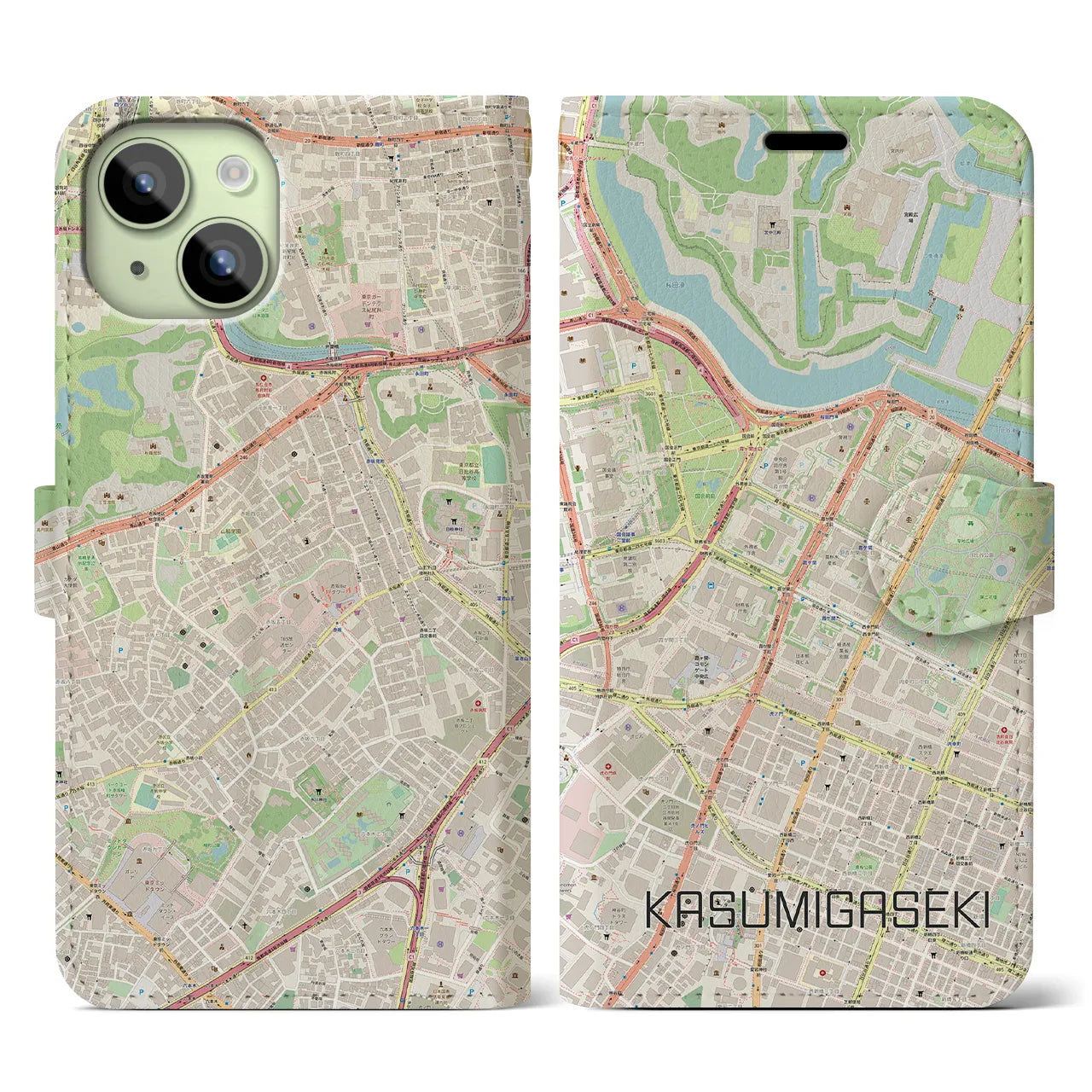 【霞ケ関(東京都)】地図柄iPhoneケース(手帳タイプ)ナチュラル・iPhone 15 用