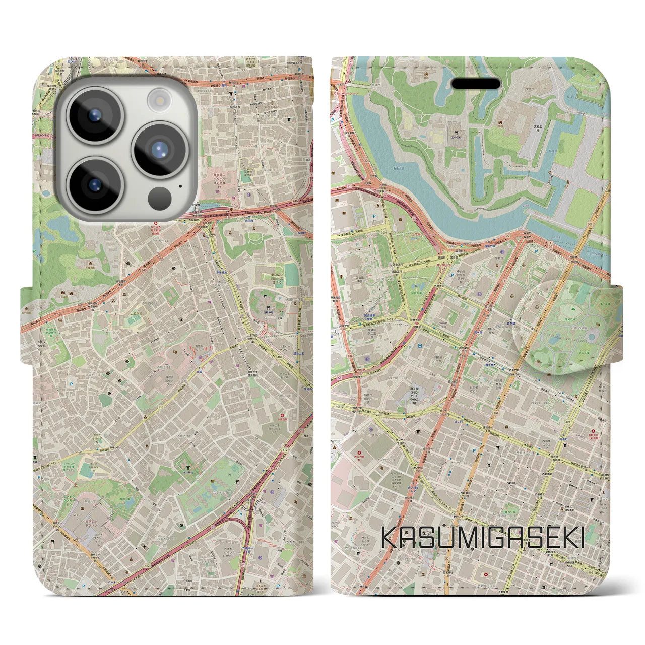 【霞ケ関(東京都)】地図柄iPhoneケース(手帳タイプ)ナチュラル・iPhone 15 Pro 用