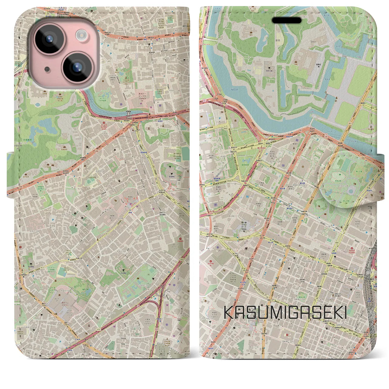 【霞ケ関(東京都)】地図柄iPhoneケース(手帳タイプ)ナチュラル・iPhone 15 Plus 用