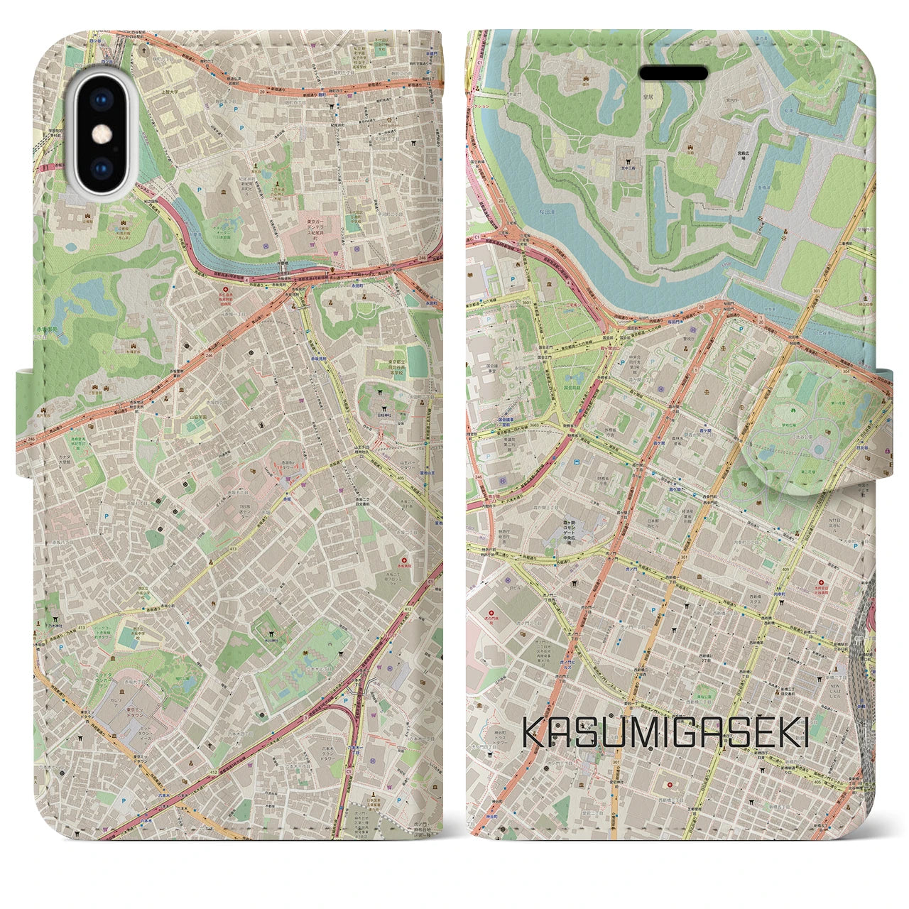 【霞ケ関(東京都)】地図柄iPhoneケース(手帳タイプ)ナチュラル・iPhone XS Max 用
