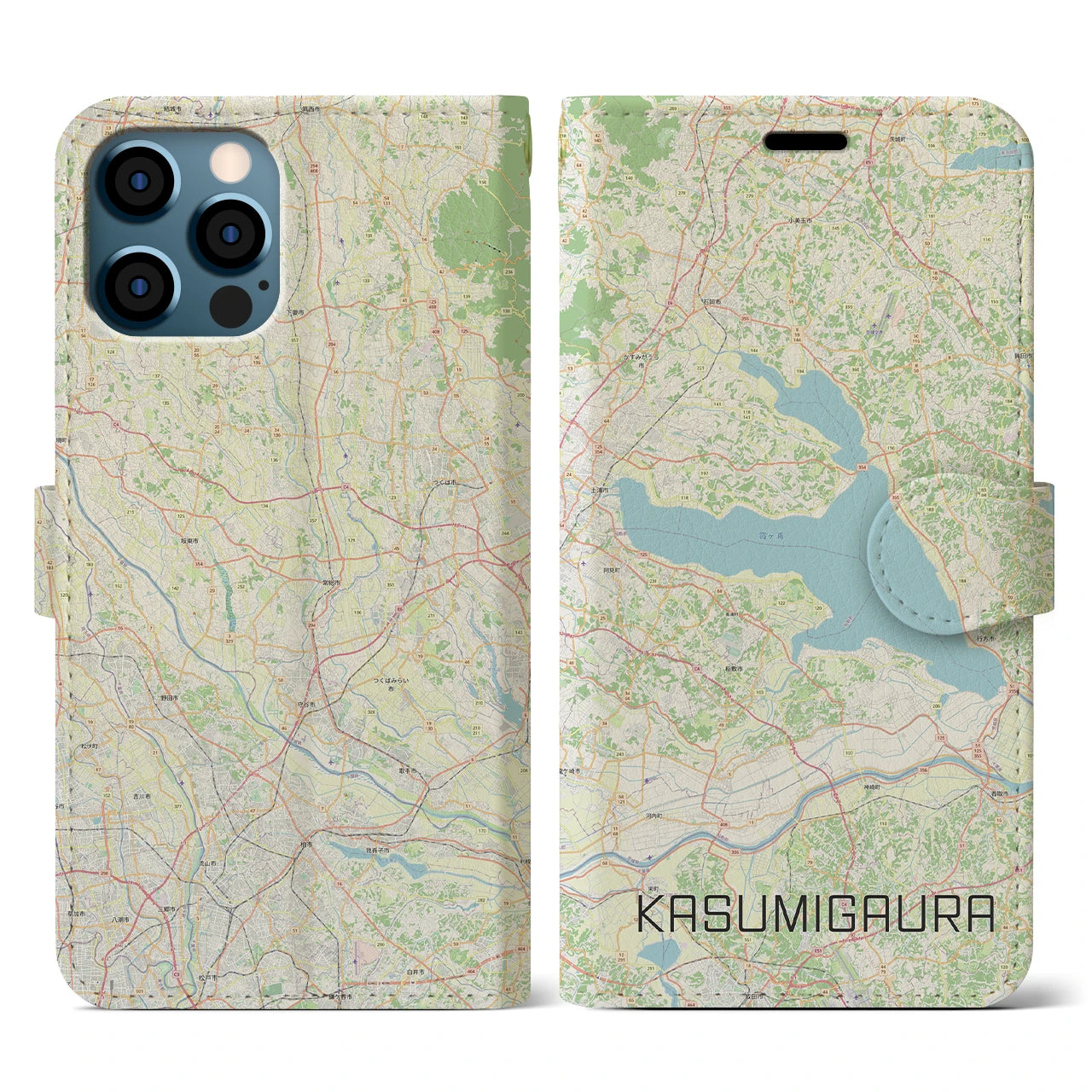 【霞ヶ浦(茨城県)】地図柄iPhoneケース(手帳タイプ)ナチュラル・iPhone 12 / 12 Pro 用