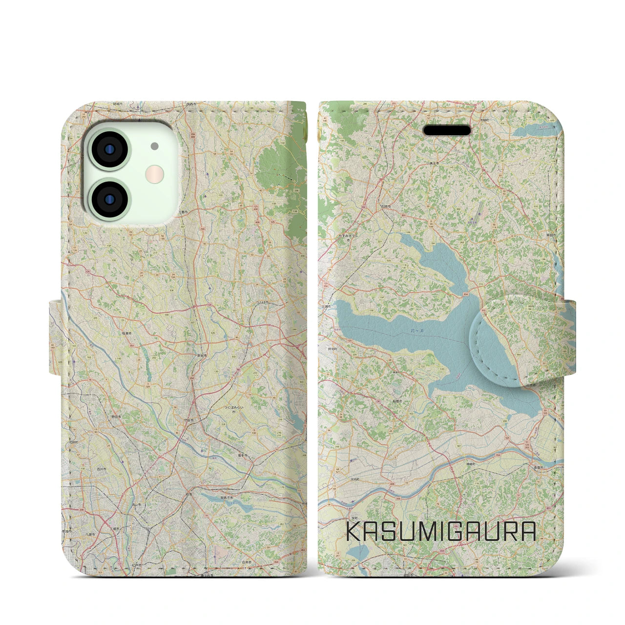 【霞ヶ浦(茨城県)】地図柄iPhoneケース(手帳タイプ)ナチュラル・iPhone 12 mini 用