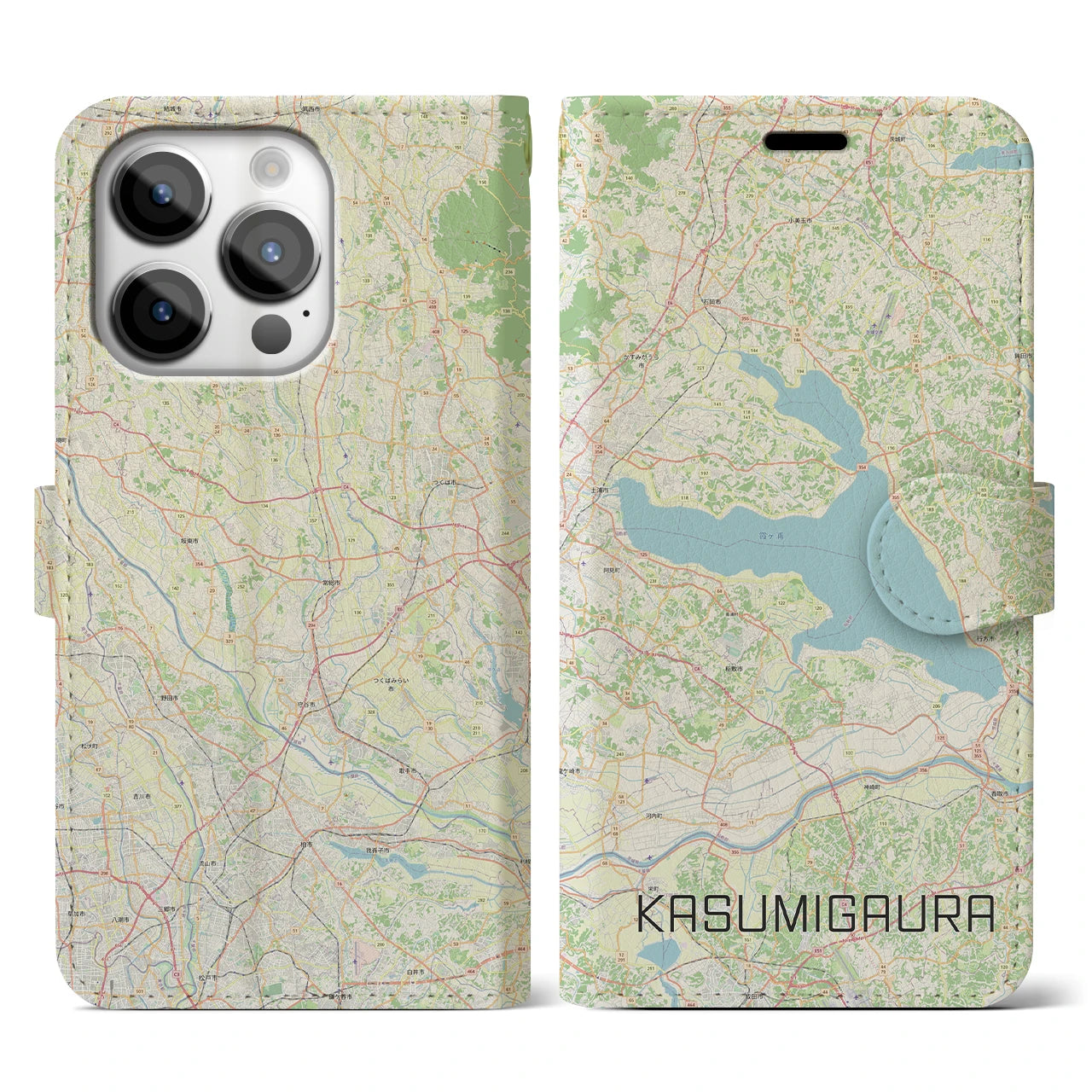 【霞ヶ浦(茨城県)】地図柄iPhoneケース(手帳タイプ)ナチュラル・iPhone 14 Pro 用