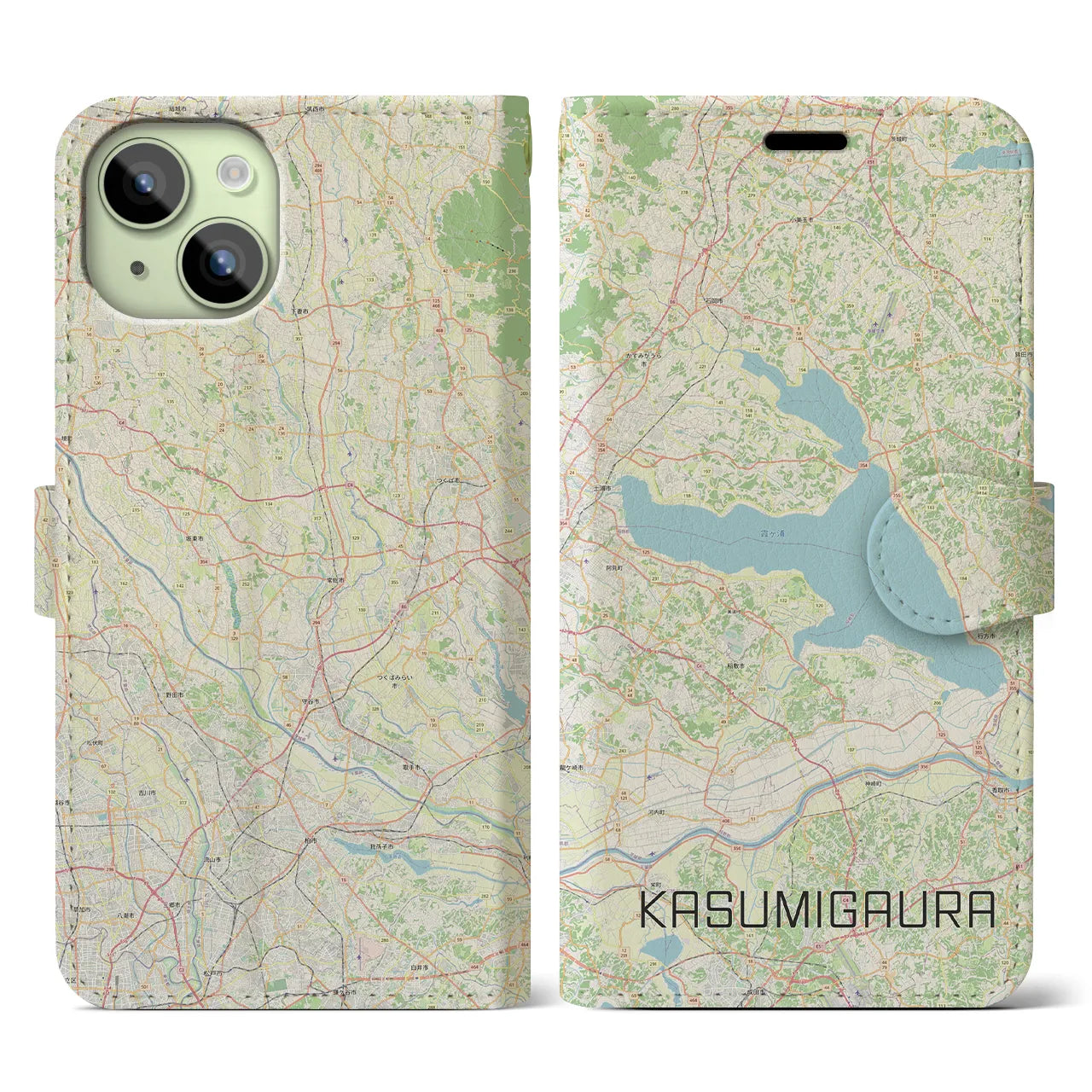 【霞ヶ浦(茨城県)】地図柄iPhoneケース(手帳タイプ)ナチュラル・iPhone 15 用