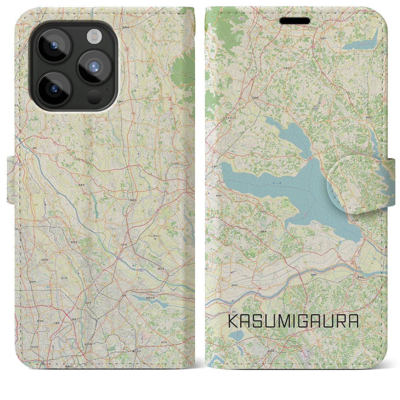 【霞ヶ浦(茨城県)】地図柄iPhoneケース(手帳タイプ)ナチュラル・iPhone 15 Pro Max 用