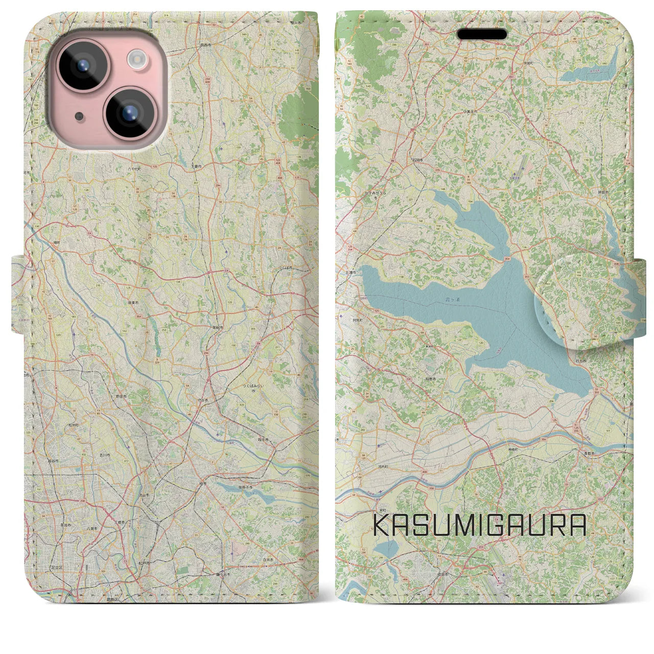 【霞ヶ浦(茨城県)】地図柄iPhoneケース(手帳タイプ)ナチュラル・iPhone 15 Plus 用