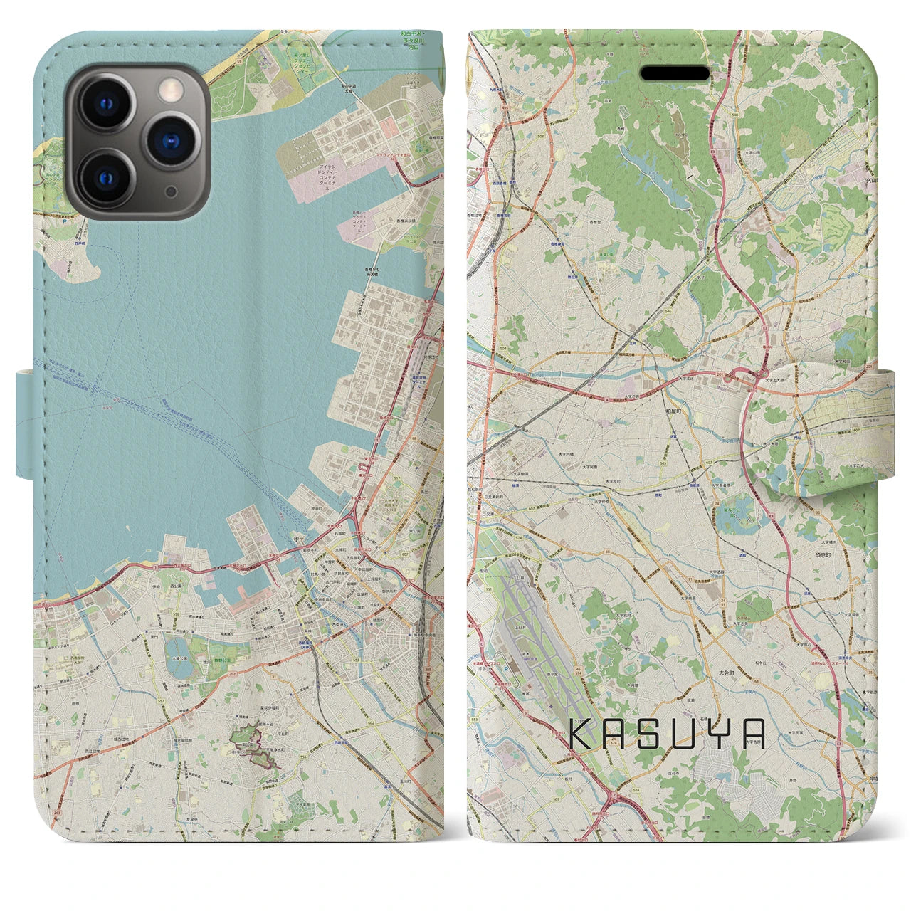 【粕屋(福岡県)】地図柄iPhoneケース(手帳タイプ)ナチュラル・iPhone 11 Pro Max 用