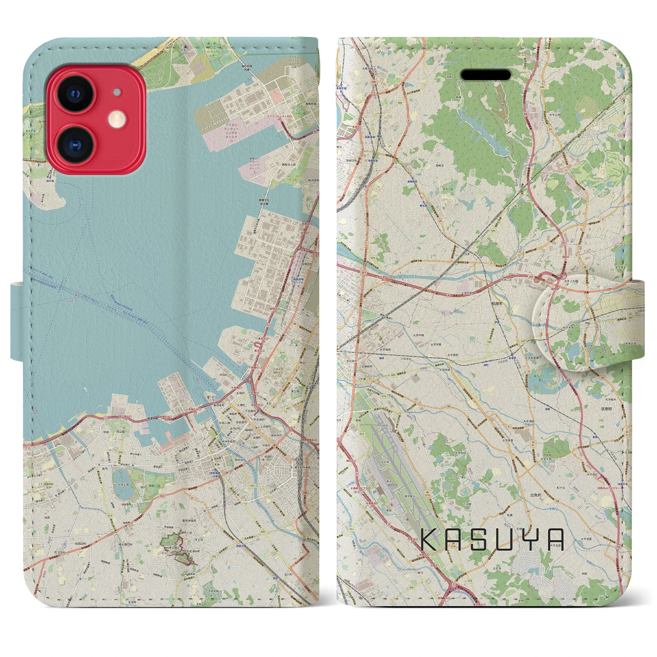 【粕屋(福岡県)】地図柄iPhoneケース(手帳タイプ)ナチュラル・iPhone 11 用