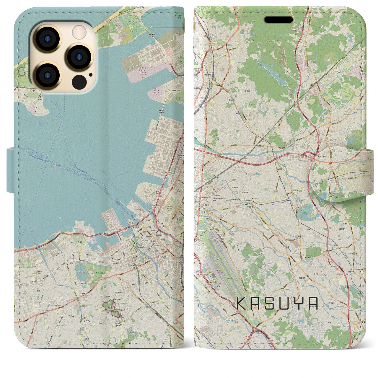 【粕屋(福岡県)】地図柄iPhoneケース(手帳タイプ)ナチュラル・iPhone 12 Pro Max 用