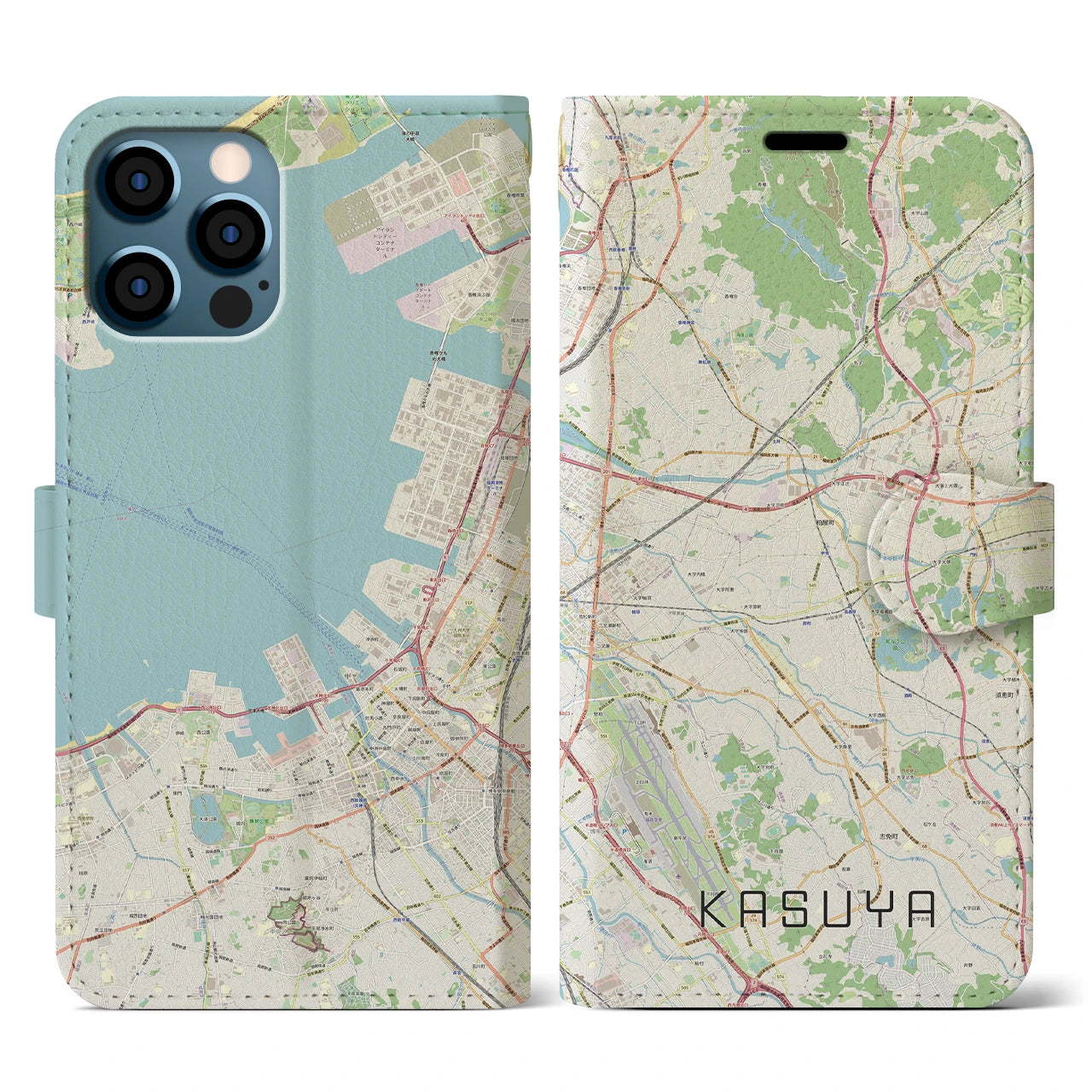 【粕屋(福岡県)】地図柄iPhoneケース(手帳タイプ)ナチュラル・iPhone 12 / 12 Pro 用