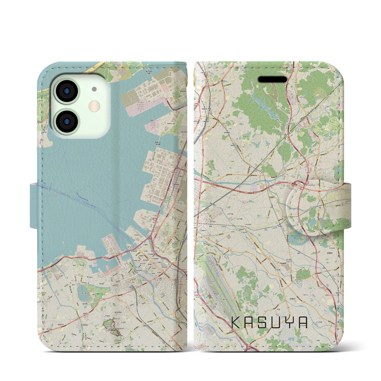 【粕屋(福岡県)】地図柄iPhoneケース(手帳タイプ)ナチュラル・iPhone 12 mini 用