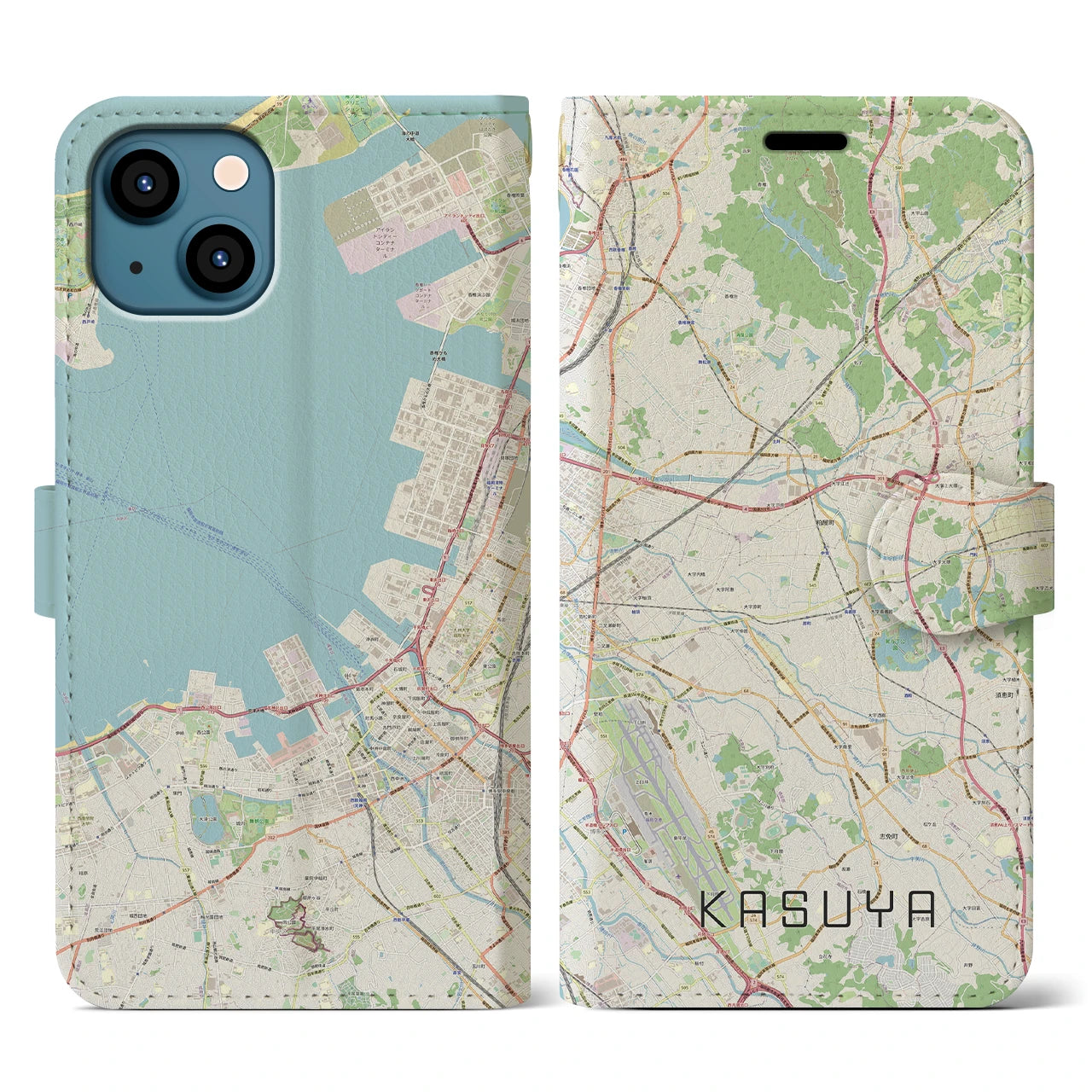 【粕屋(福岡県)】地図柄iPhoneケース(手帳タイプ)ナチュラル・iPhone 13 用