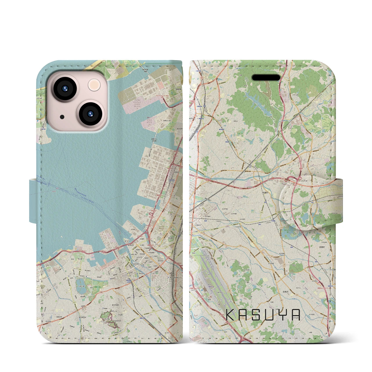 【粕屋(福岡県)】地図柄iPhoneケース(手帳タイプ)ナチュラル・iPhone 13 mini 用