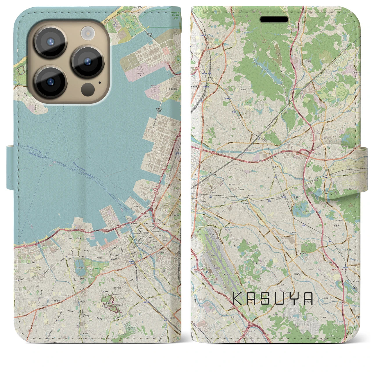 【粕屋(福岡県)】地図柄iPhoneケース(手帳タイプ)ナチュラル・iPhone 14 Pro Max 用