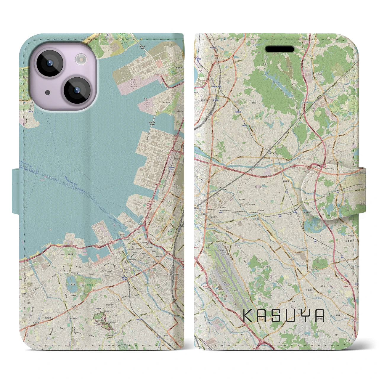 【粕屋(福岡県)】地図柄iPhoneケース(手帳タイプ)ナチュラル・iPhone 14 用