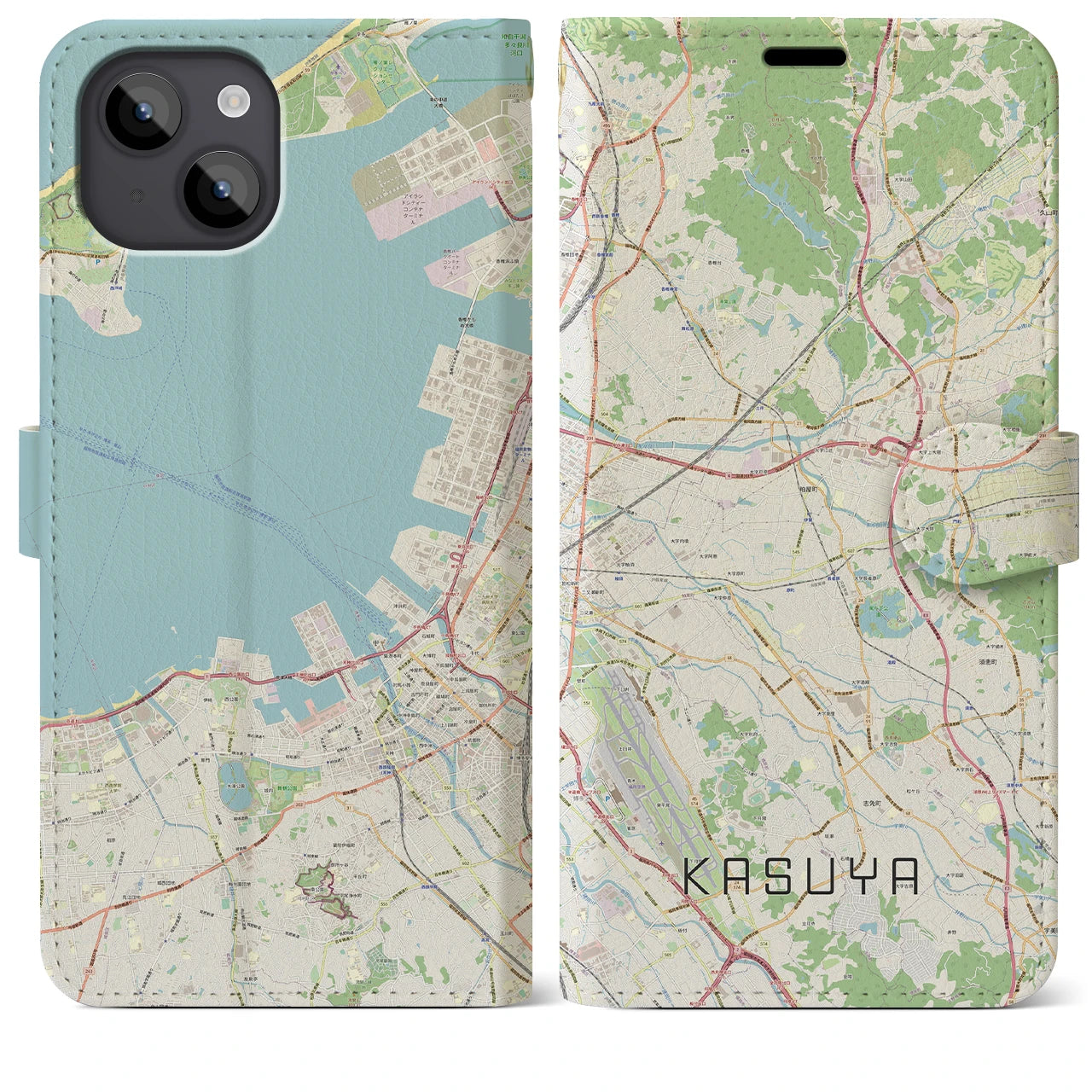 【粕屋(福岡県)】地図柄iPhoneケース(手帳タイプ)ナチュラル・iPhone 14 Plus 用